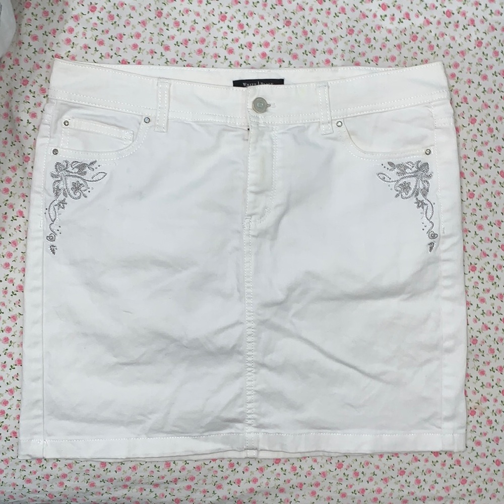 Y2K white embroidered rhinestone midi skirt